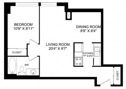Floor plan for 1 bed, 1 bath, 620 sqft
